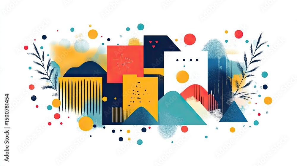 Aufkleber abstract composition featuring geometric shapes circles and botanical elements on white background