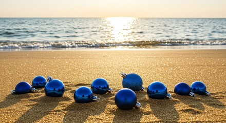 Photo of Blue Christmas Ornaments on Golden Beach with Sunlight and Sea
