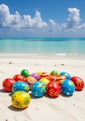 Obraz premium Photo of Colorful Easter Eggs on Sandy Beach Under Sunny Sky