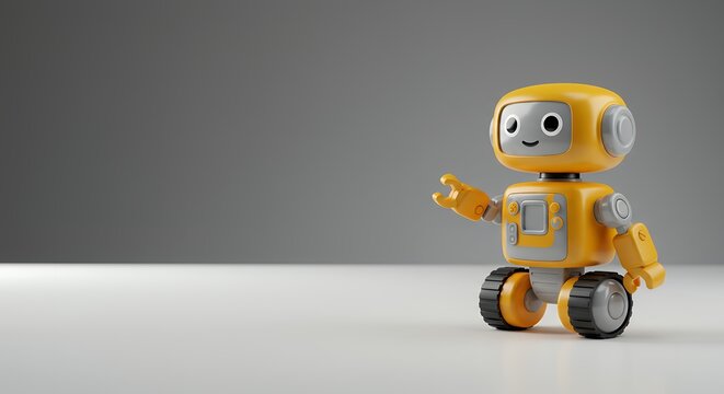 Cute Yellow Robot Waving on White Background
