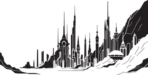Naklejka premium Futuristic cityscape. Hand drawn vector illustration 
