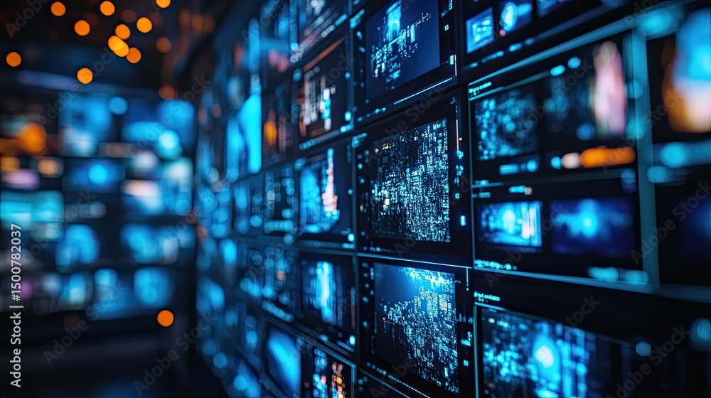 Poster a wall of monitors displaying various blue screens and data visualizations in a dark environment