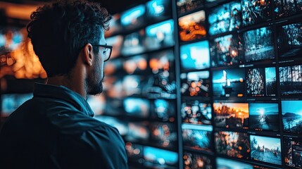 Man with glasses looking at a wall of screens displaying various video feeds in a dark environment