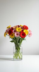 Fototapeta premium Photo of Colorful Gerbera Flowers in a Glass Vase on White Table