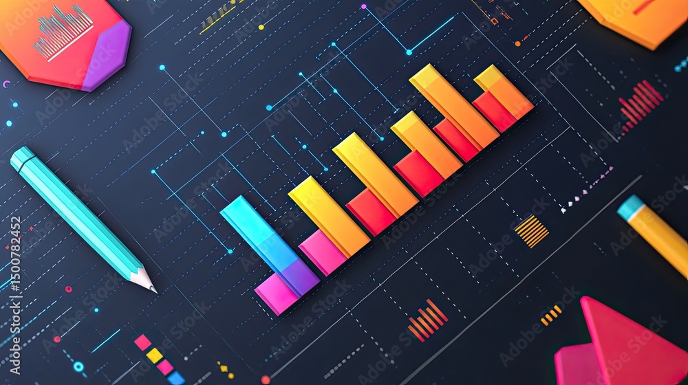 Poster a stylized bar graph with a pencil and geometric shapes on a dark background with line art
