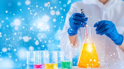 Scientist's gloved hands carefully pipette vibrant orange liquid into an Erlenmeyer flask, surrounded by colorful beakers against a bokeh backdrop