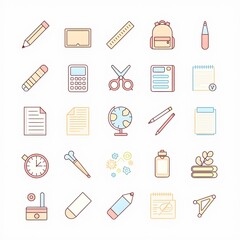 a cute and minimal line art icon illustration set of pencil, pen, ruler, eraser, notebook, backpack, calculator, blackboard, compass, scissors, paper clip, folder, globe, glue, paint brush, sharpener
