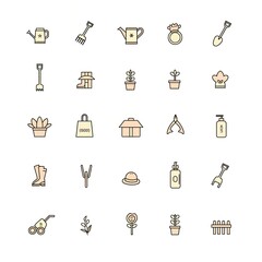 a cute and minimal line art icon illustration set of shovel, rake, trowel, watering can, gloves, pruning shears, hose, seeds, soil bag, flowerpot, garden boot, insect repellent, spray bottle