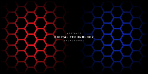 Hexagonal abstract black on blue and red background with light. Hi tech digital connection. high tech. science. modern technology business concept. futuristic background. vector illustration