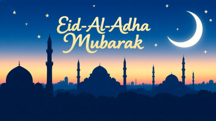 Eid al adha mubarak greeting with mosque silhouette and crescent moon illustration