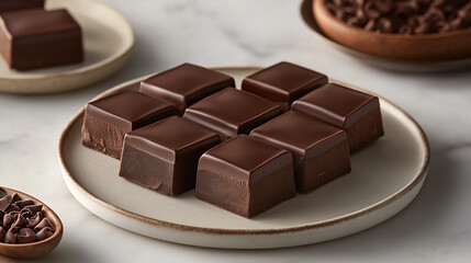 Luxurious dark chocolate squares with a velvety texture, elegantly arranged to highlight their rich cacao content and refined, sophisticated appeal.