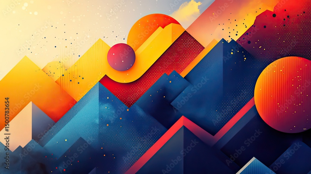 Aufkleber abstract geometric landscape with colorful triangles and circles in a modern design style