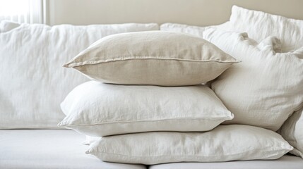 Fototapeta premium Soft linen pillows stacked on a cozy sofa neutral colors home decor