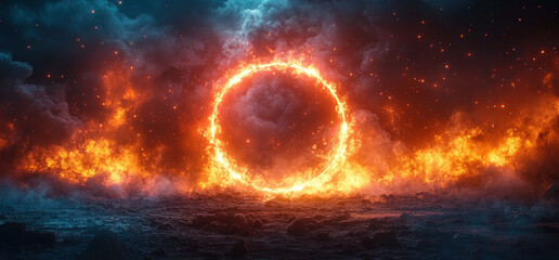 Obraz premium Fiery circular portal against a backdrop of dramatic clouds and flames
