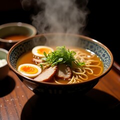 Hot Noodles Bowl with Egg and Meat Topping, Steam Rising