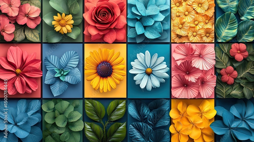 Poster A colorful grid of various flower and leaf types in square frames of different vibrant colors