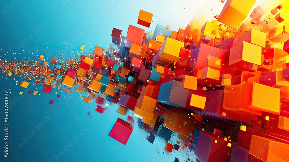 Aufkleber abstract composition of colorful cubes floating in a bright blue and orange gradient background