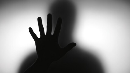 A black and white blurred silhouette of a person behind a frosted or translucent surface