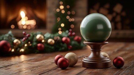 Cozy holiday scene green sphere, ornaments, warm fireplace