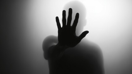 A black and white blurred silhouette of a person behind a frosted or translucent surface