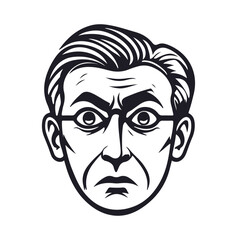 black and white vector illustration of a little bit angry person with glasses  
