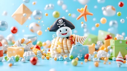 Playful octopus-shaped confection, pirate hat adorned, amidst a vibrant explosion of pastel-colored sweets, geometric shapes, and seashells on a light blue background