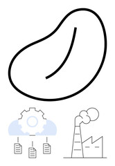 Cloud gear with linked documents, factory with smoke stacks, organic shape highlight technology, environment, automation, and industry. Ideal for technology, automation, data innovation