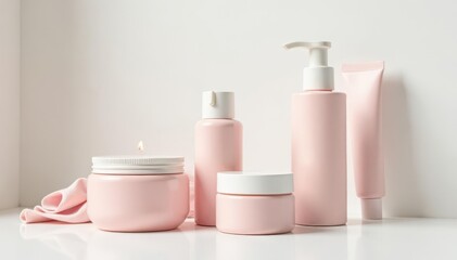 Elegant cosmetic bottles, pristine white backdrop, brand, aesthetic