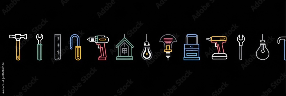 Poster minimalist construction tools icon set featuring various equipment in a light central space against 