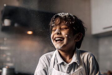 Joyful Flour-Dusted Boy Baking – Candid Close-Up of Smiling 7-Year-Old Chef for Kids Take Over Kitchen Day (Perfect for Parenting Blogs, Food Brands & Family Lifestyle Content)
