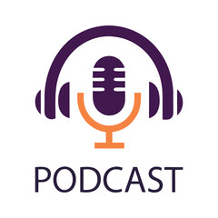 Modern Podcast Logo Vector with Mic and Headphones.