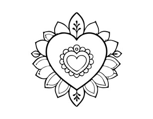 line art outline Coloring pages with Decorative frame with floral pattern in forn of heart in mehndi style
