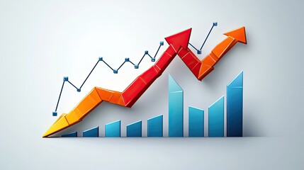 Illustration showing financial growth with bar graph and rising arrow trend line on white background