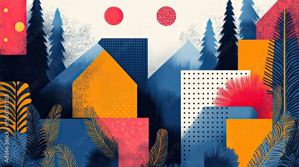Poster abstract landscape with geometric shapes trees and circles in a modern art style design