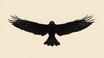 Naklejka premium Soaring Silhouette: An artistic depiction of a crow in mid-flight, with its wings spread wide, a symbol of freedom, independence, and mystery. 