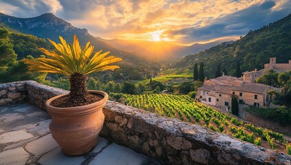 Sunset Vineyard with Mediterranean Villa.