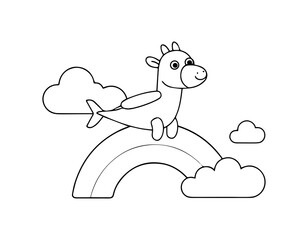 Whimsical Giraffe Flying on a Plane | Fun Rainbow-Themed Coloring Page for Kids