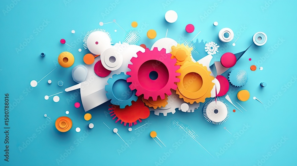 Aufkleber colorful gears and circles arranged on a light blue background creating a vibrant and dynamic design