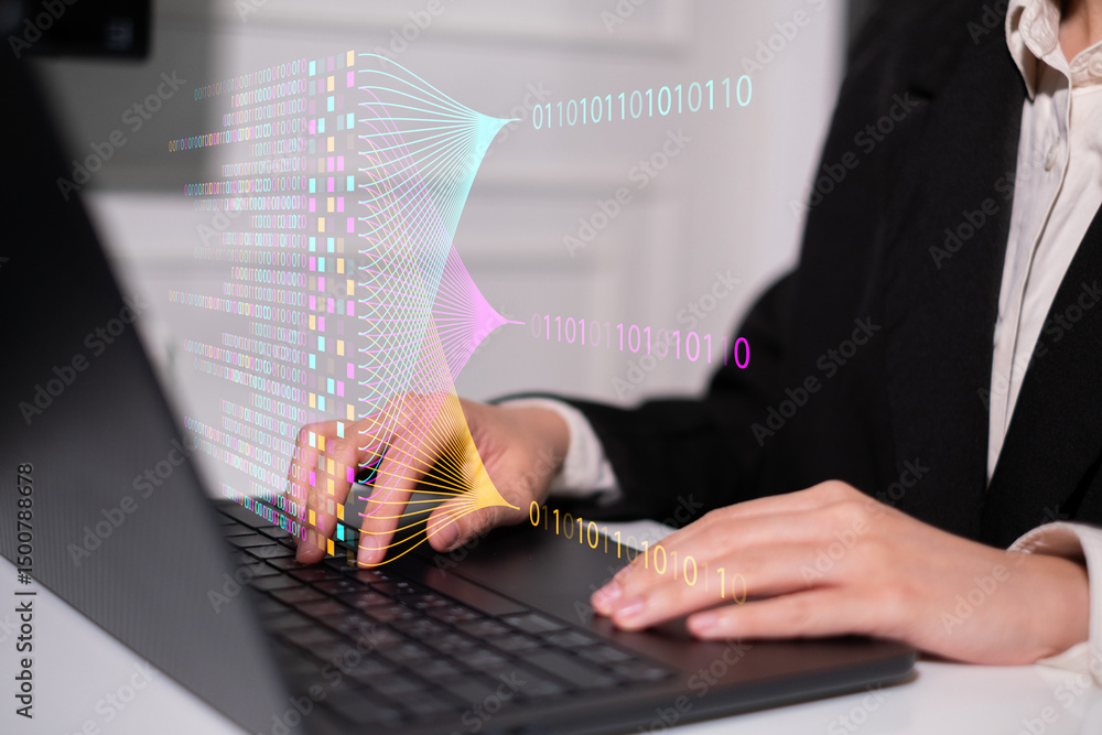 Poster businessman using laptop tablet data analysis big data technology artificial intelligence ai innovat