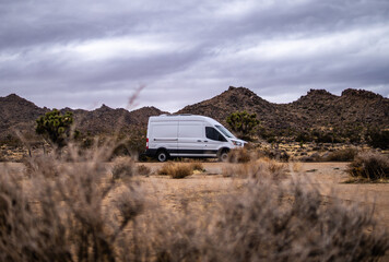 White Van Parked in Desert Landscape with Joshua Trees and Mount