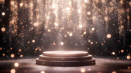 Illuminated Podium: A captivating, golden stage bathed in soft light and glittering particles, inviting anticipation and highlighting an open space for a concept or product.