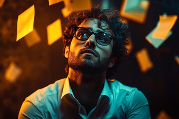A man wearing glasses looking up at sticky notes floating in the air