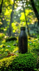 Dark bottle rests on moss in dappled, sunlit forest