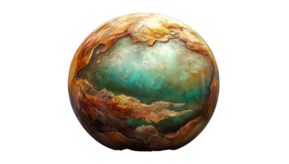 Detailed sphere, earthy tones, textured surface, vibrant colors