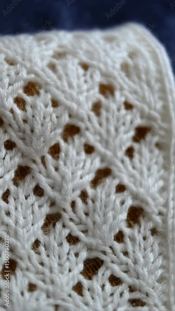 Poster Detailed macro view of a delicate white knitted lace fabric with intricate patterns and small holes, creating a soft and textured background.