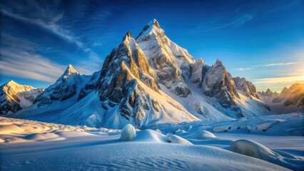 Majestic Winter Mountain Peaks at Sunrise, Glowing with Golden Light, Snow-Covered Valley, Serene Landscape
