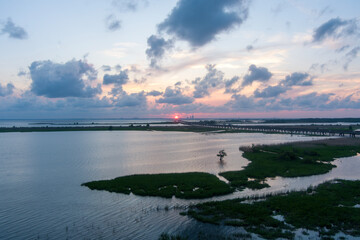 Aerial view of Mobile Bay at sunset