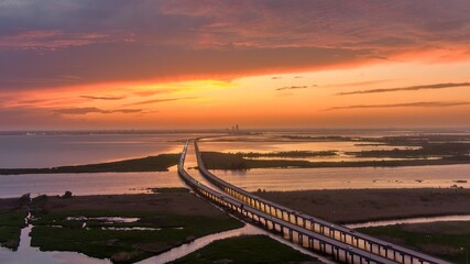 Aerial view of Mobile Bay at sunset