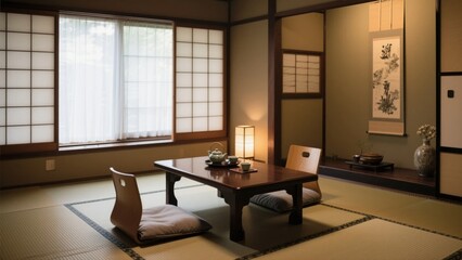 Traditional Japanese Tatami Room with Low Table and Floor Seating