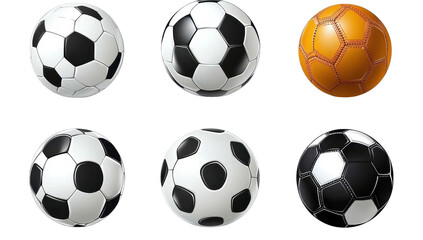 Six soccer balls, black and white, and orange